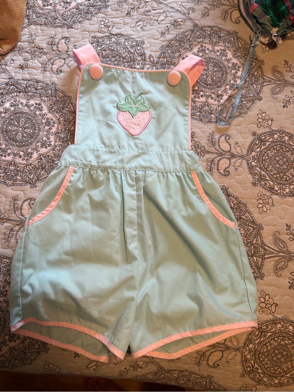Girls Mint Green Strawberry Shortall Romper with Pink Trim
